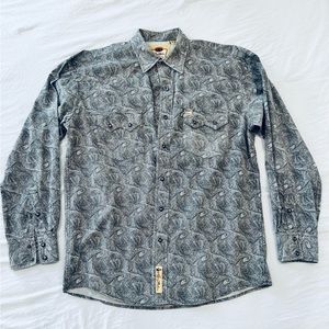 Larry Mahan Shirt Mens (L) Gray Paisley Western Pearl Snap Cowboy Rodeo Vintage